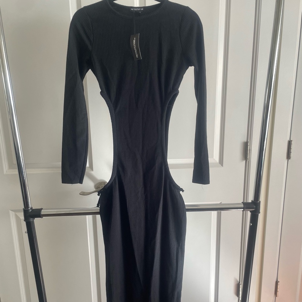 Black Ribbed Long Sleeve Bodycon Dress